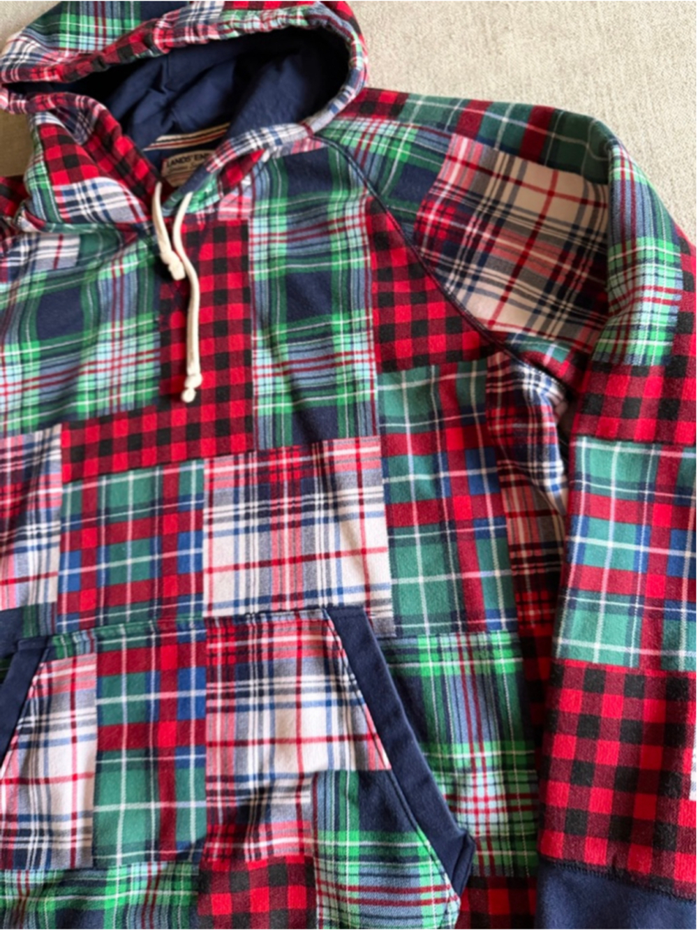 Lands' End Serious Sweats patchwork plaid pullover hoodie sweatshirt size large - Picture 3 of 11